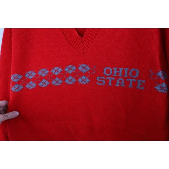 Vtg 70s 80s Womens Large Knit Argyle Ohio State University V-Neck Sweater USA - Picture 6 of 13
